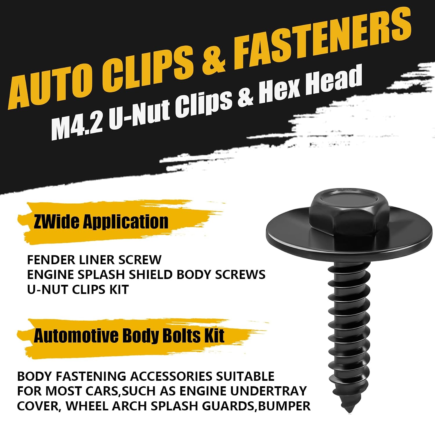 50PCS M4.2 Universal Fender Liner Screw U Nut Kit & U-Nut Clips, Hex Head Automotive Body Fender Bolts Kit Replacement for Most Cars Engine Cover and Bumper Fender Liner