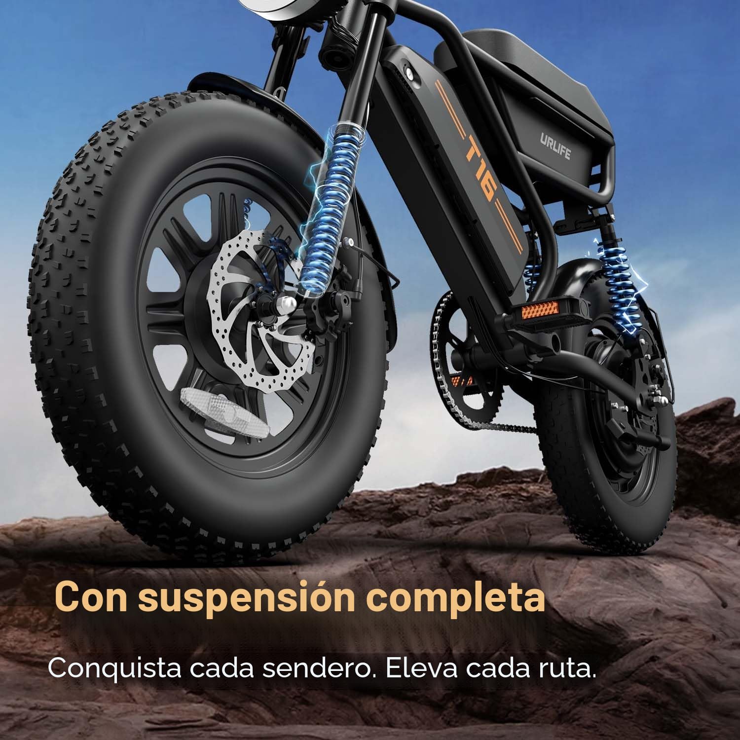 URLIFE de 16" x 3.0 Bicicleta Electrica, Batería Extraíble de 48 V y 13 Ah, Motor Sin Escobillas de 250 W, Autonomía de 100 km, Bici Eléctrica con Doble Suspensión, E Bike para Adultos
