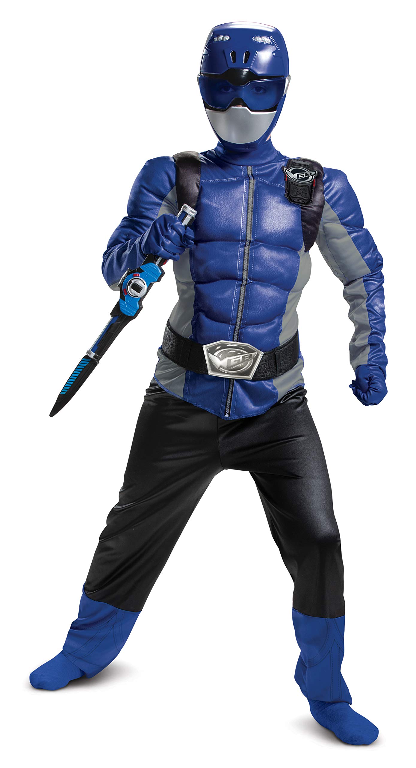 Disguise Offizielles Power Rangers Kostüm Kinder Blau Muskelkostüm, Superhelden Kostüm für Kinder Junge Mädchen Power Ranger Faschingskostüm Karneval Geburtstag Costume Größ M