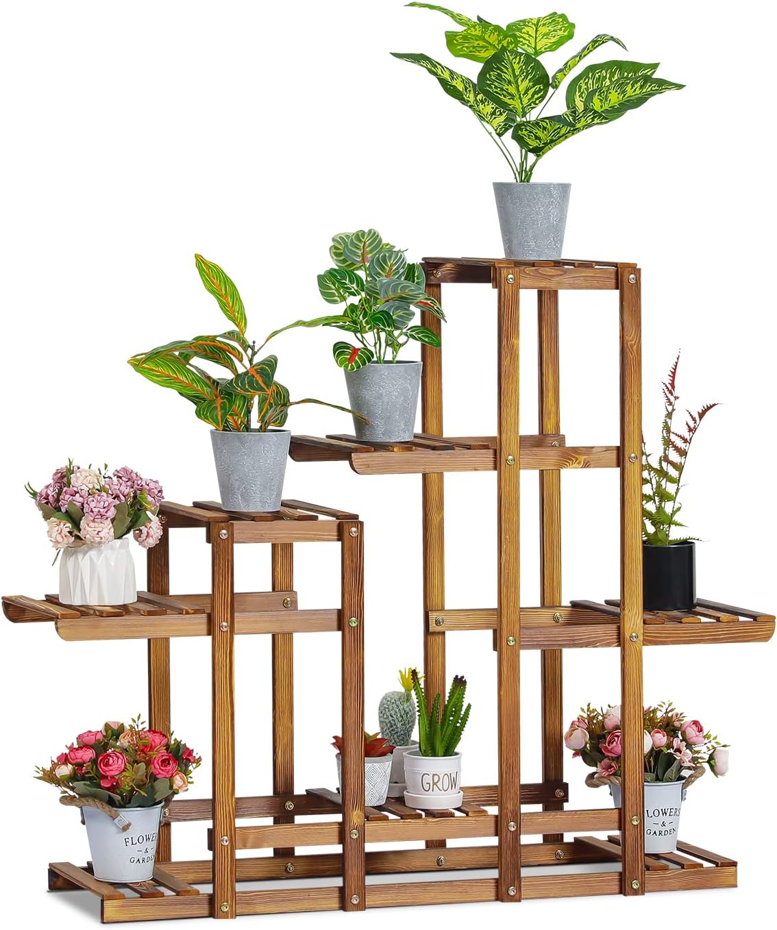 MoNiBloom Wood Plant Stand Indoor Outdoor 7 Tier High Low Shelves Flower Rack Organizer Holder for Patio Lawn Garden Corner Balcony Living Room (8 Flowerpots)