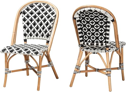 Baxton Studio Ambre Francés Blanco y Negro Tejido Natural Rattan Bistro Silla