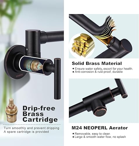 Miniatura 25 de WOWOW Grifo de llenado de ollas de níquel pulido, relleno de olla de latón macizo, montaje en pared, grifo de estufa de cocina con brazos oscilantes