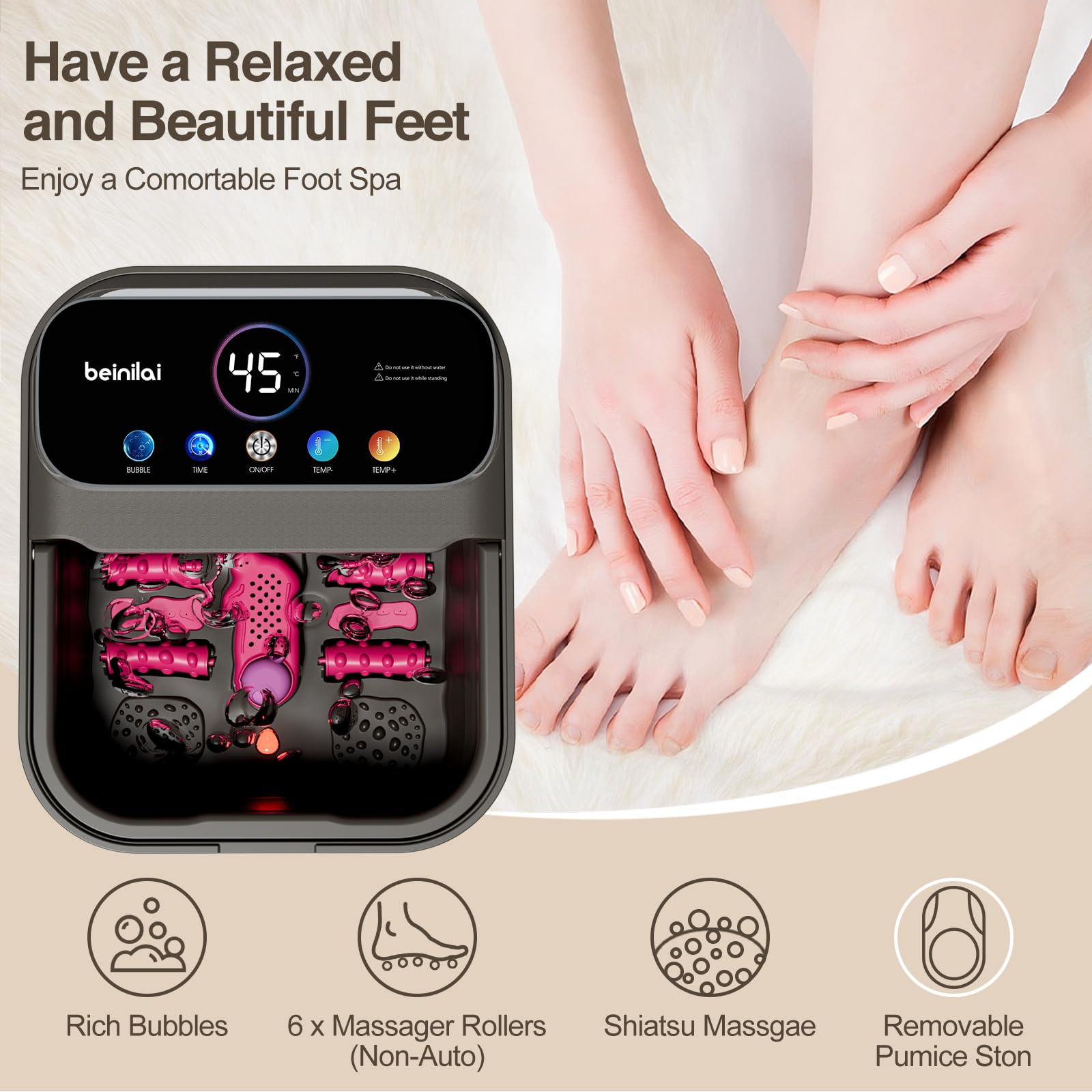 Beinilai Vasca idromassaggio pieghevole con display digitale e schermo a colori, controllo della temperatura e timer, pediluvio portatile con riscaldamento, 6 rulli massaggianti e bolle per rilassarsi