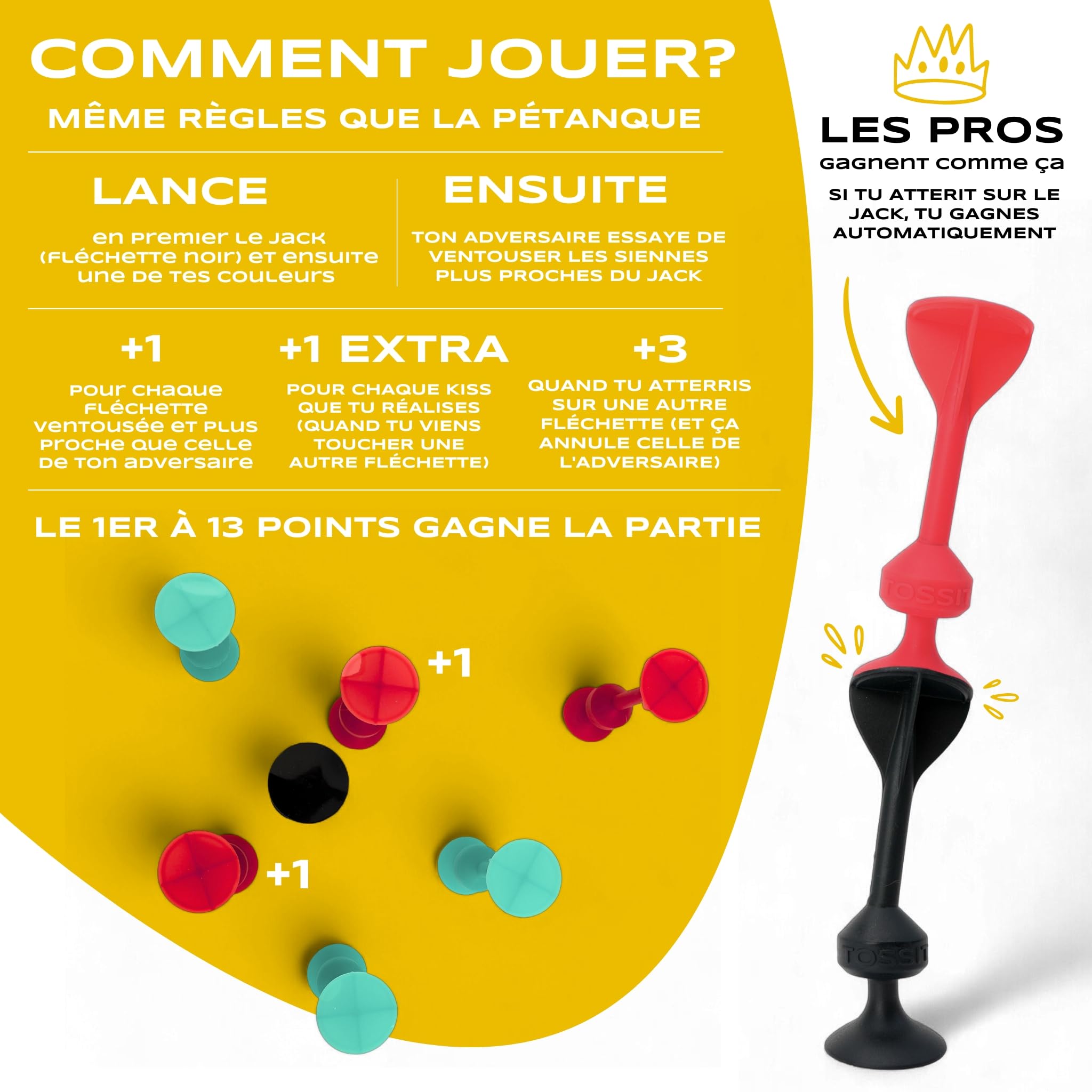 TOSSIT Jeu Fléchette Ventouse, Pétanque Intérieur Extérieur pour Sol et Mur, Silicone Puissant et Durable, 4 Couleurs, Family Pack, Rouge Cyan Bleu Clair Jaune