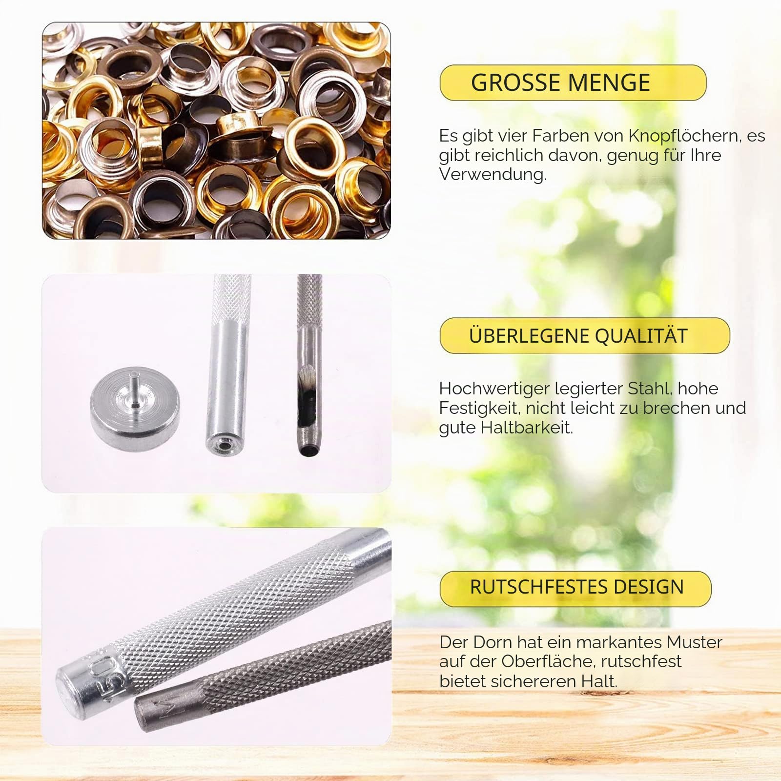 Swpeet 484 Stück – 240 Sets 3/20 Zoll (4 mm) Lochösen, dicke Metallösen und 3 x Einstellwerkzeug, weicher Gummihammer für die Reparatur von Leinwand, Leder