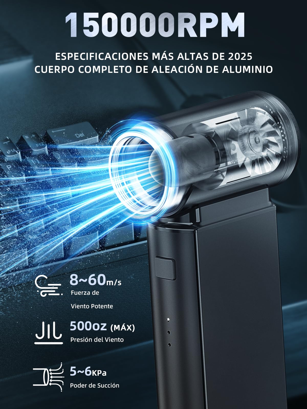 Smiling Shark Soplador de Polvo Eléctrico, J02 Aluminio 150000RPM Plumero de Aire Comprimido Potente - Motor Sin Escobillas Recargable Inalámbrico & Batería de 8000mAh para PC/Teclado/Coche/Casa