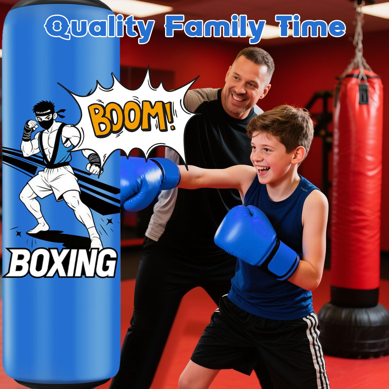Sac de Frappe Enfant, Qoosea 168cm Punching Ball Enfants avec Gants de Boxe, Gonflable Sac de Boxe, Cadeau Parfait pour Garçons et Filles 3 à 14 Ans pour Karaté, Taekwondo