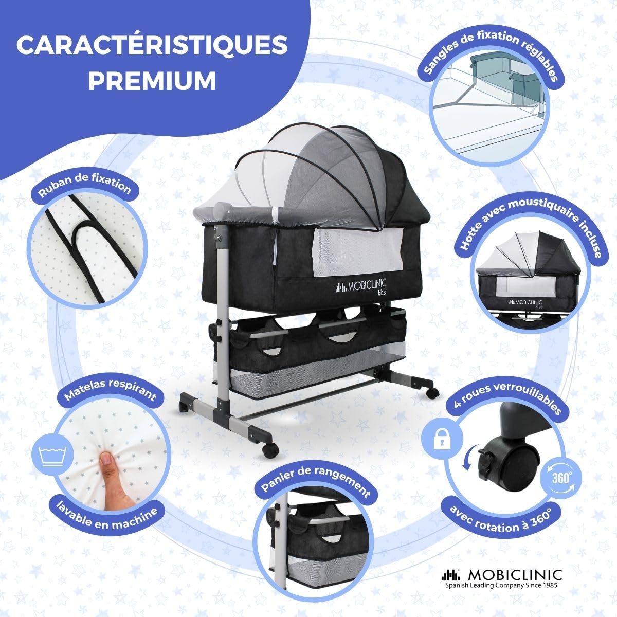 Mobiclinic Lit bébé 3 en 1 Nuit Cododo Hauteur réglable Noir 20 kg