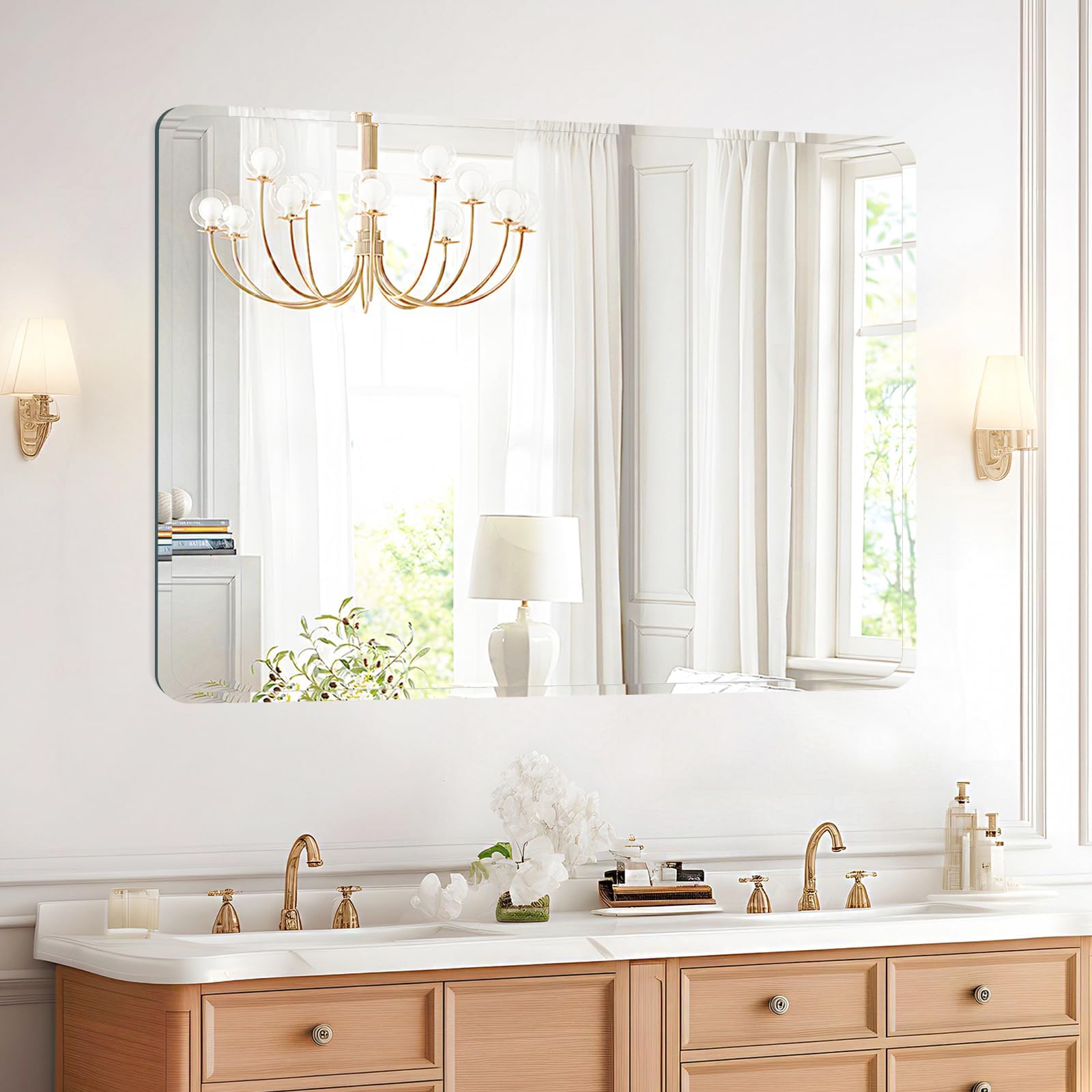 Photo 1 of TRAVEVA Frameless Mirror for Bathroom Vanity,with Polished Edge,Hangs Horizontally Or Vertically,Entryways,Room,Shatterproof (Y-30x32in)