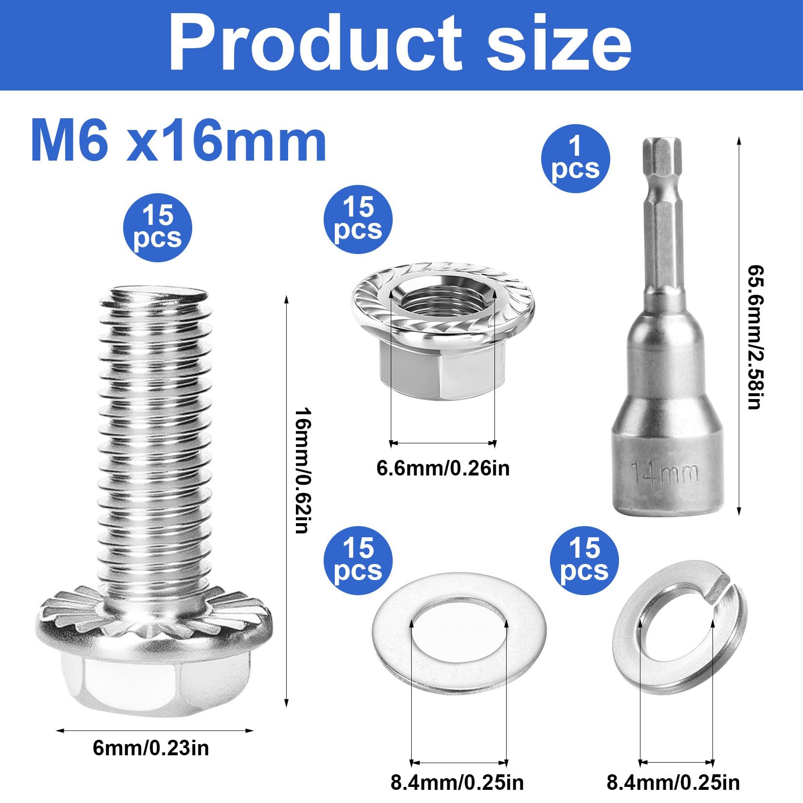 15 PzViti M6, Set di Viti Esagonali M6x16mm, Bulloni e Dadi Flangiati, Bulloni a Testa Esagonale Flangiati con Rondelle, Viti a Esagonali Flangiate in Acciaio Inossidabile A2 V2A