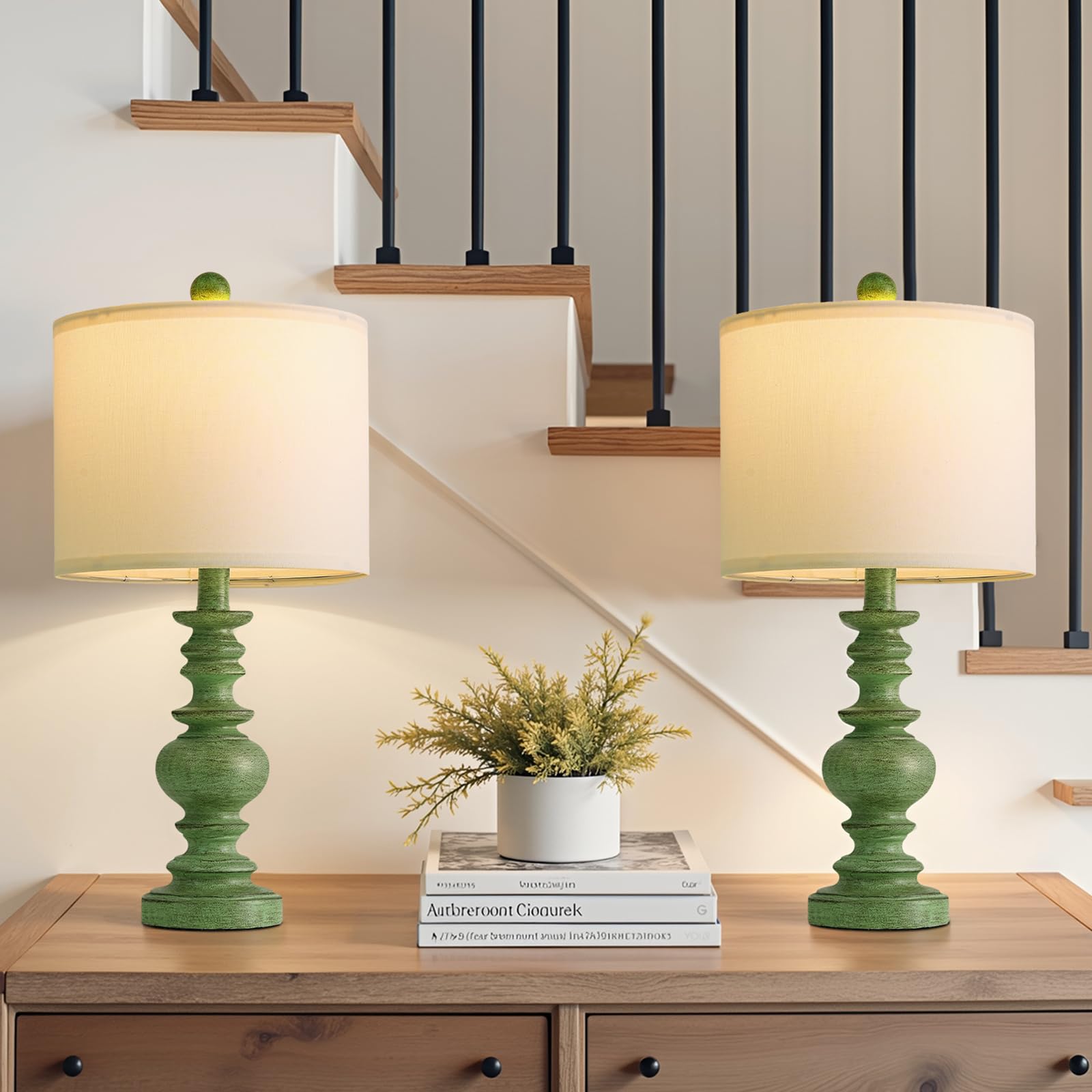 Photo 1 of BOBOMOMO 20" Sage Green Table Lamps Set of 2 – Farmhouse Resin Bedside Lamps with Linen Shades, Handcrafted Traditional Rustic Lamp for Bedroom, Living Room, or Corner – Ideal for Small Spaces