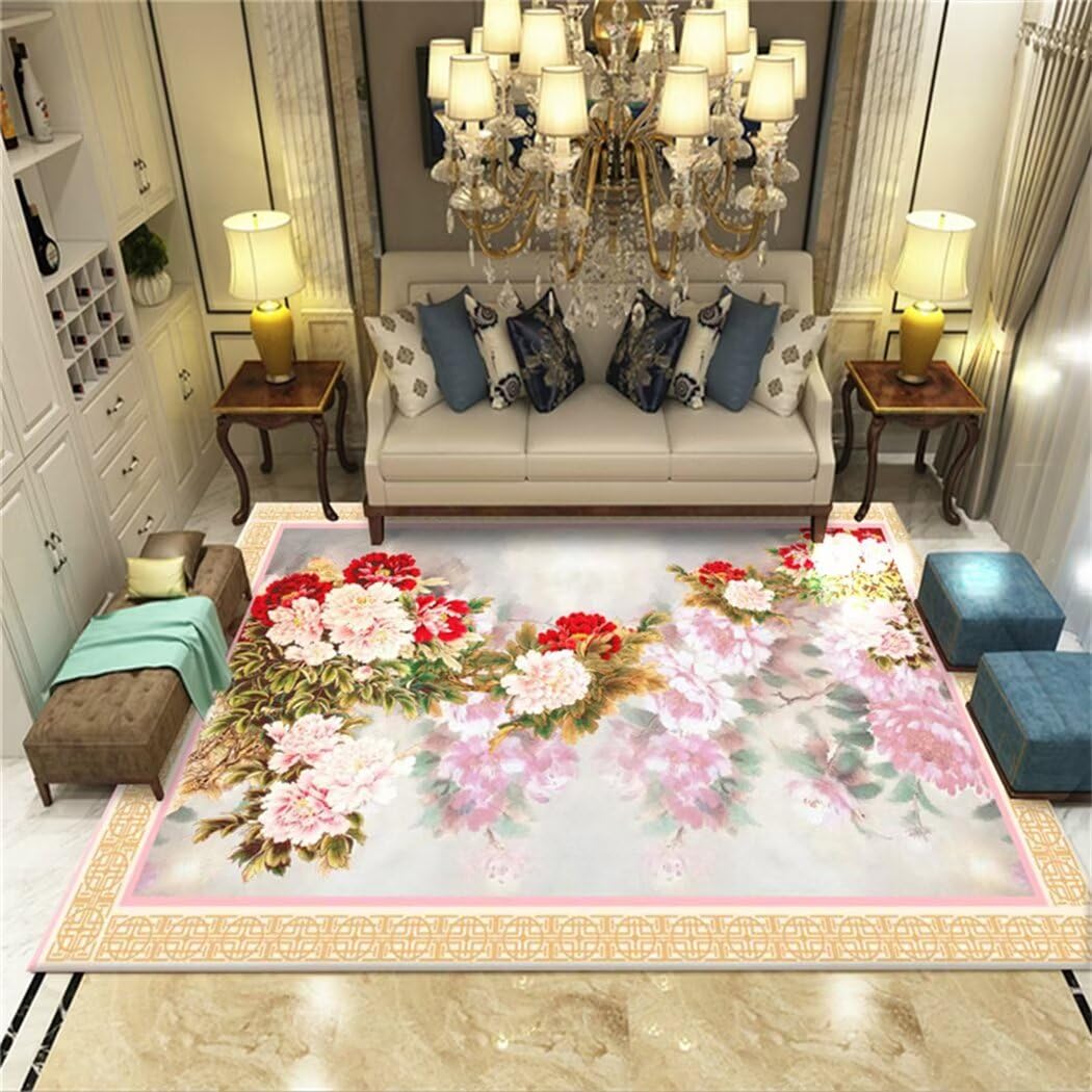 Tapis de couloir long rétro lavable rouge 180x220 grand tapis de passage fleurs salon