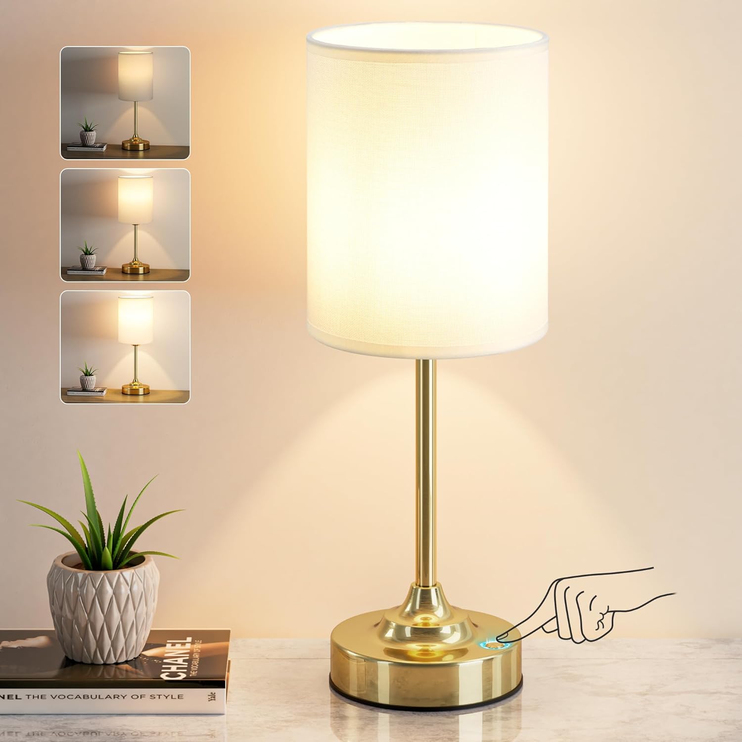 Touch Control Cordlss Table Lamp, USB-C Rechargeable Lamp with Stepless Dimming, 4000mAh Battery Operated Vintage Bedside Lamp for Bedroom, Living Room, Night Light & Emergency Lighting, Brass, 1 Pack