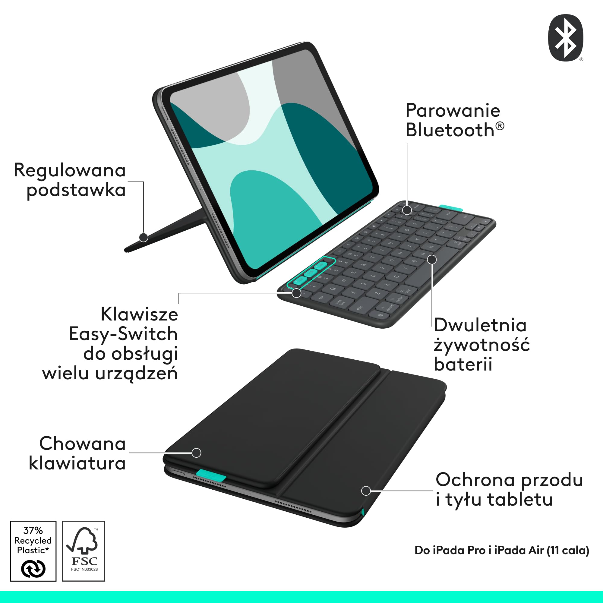 Logitech MX Anywhere 3S Kompaktowa Bezprzewodowa Myszka + Flip Folio, etui klawiaturą do iPada Pro (M4) i iPada Air 11 cali(M2 i M3)(5. gen — 2024 r.)chowane etui ochronne z Bluetooth,QWERTY US INT'L