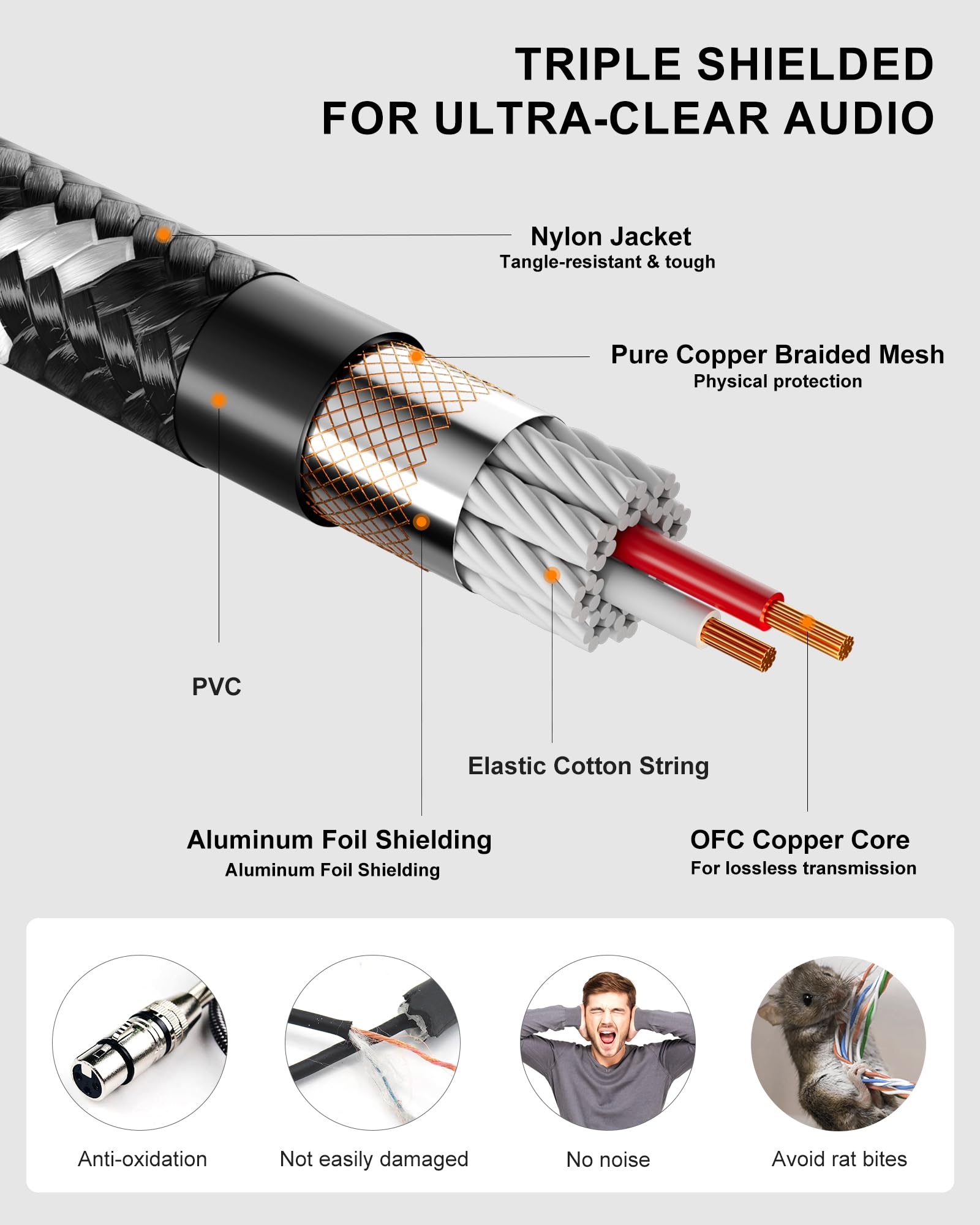 Cavi XLR lunghi 46 m, cavo di prolunga per microfono XLR intrecciato in nylon intrecciato, schermato OFC, cavo XLR maschio a femmina, cavo microfono per preamplificatore, mixer e