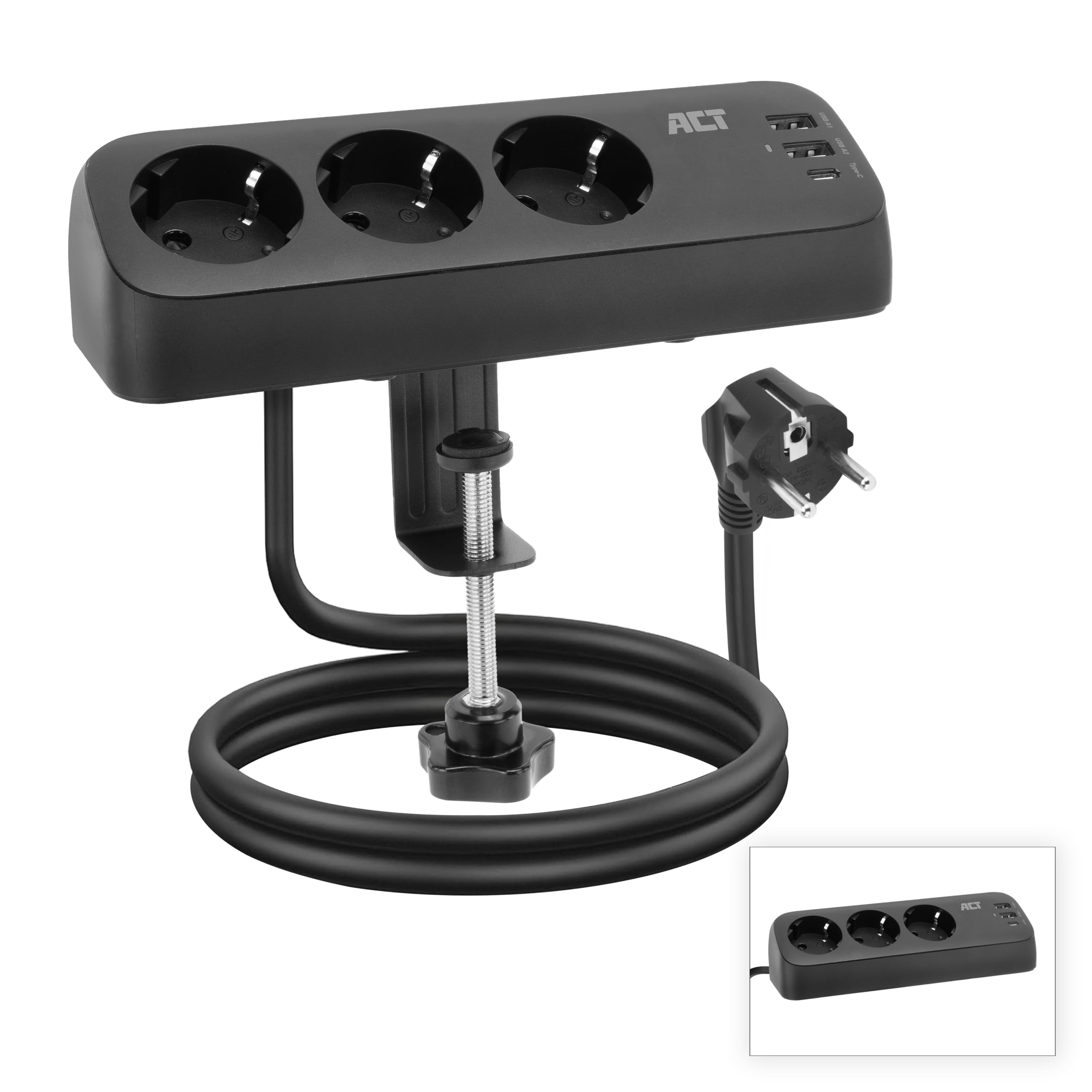 ACT Ciabatta da scrivania con 3 prese di tipo F, 30 W Power Delivery, porte USB di tipo C/A, cavo 1,5 metri AC2480