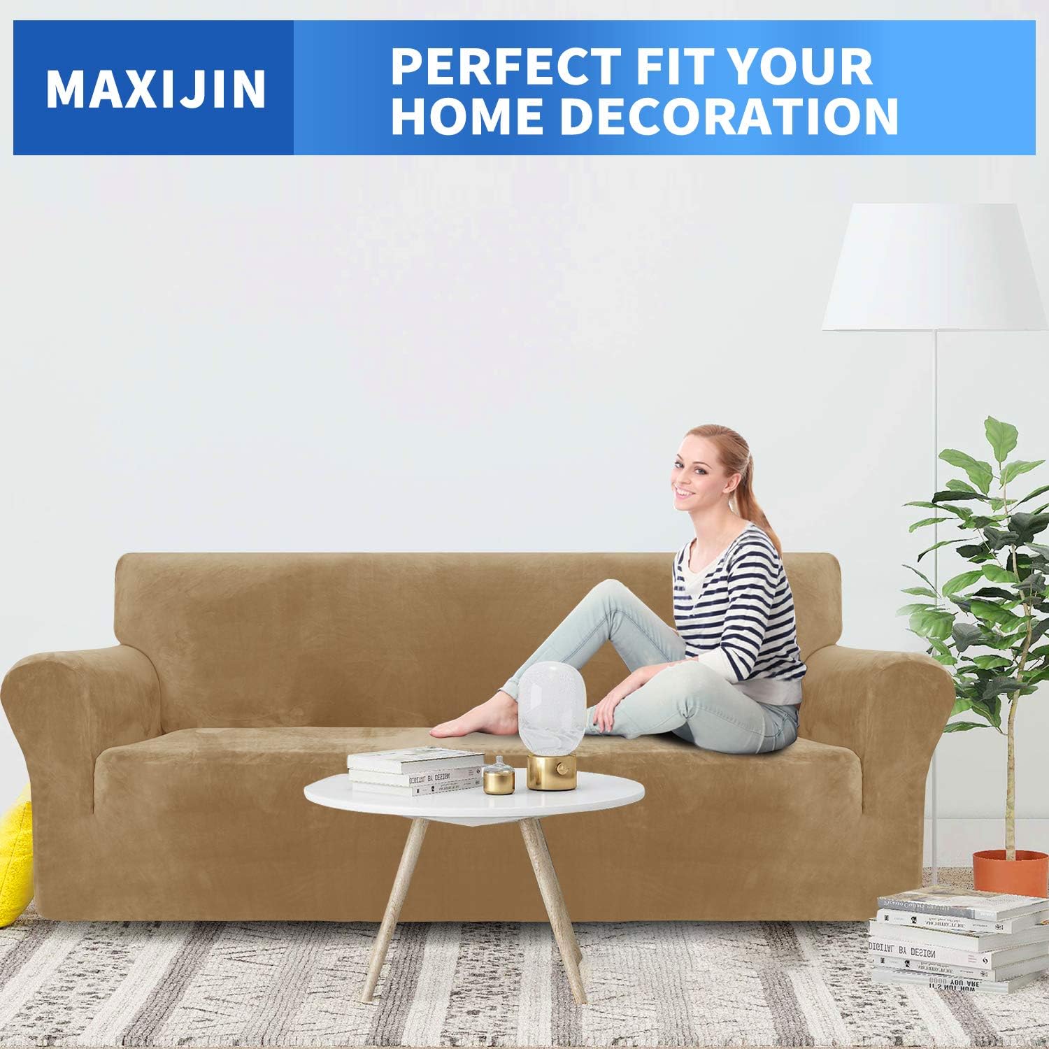 MAXIJIN Thick Velvet Sofa Covers for 3 Cushion Couch Super Stretch Non Slip Couch Cover for Dogs Cat Pet Friendly 1-Piece Elastic Furniture Protector Plush Sofa Slipcovers (Sofa, Camel)