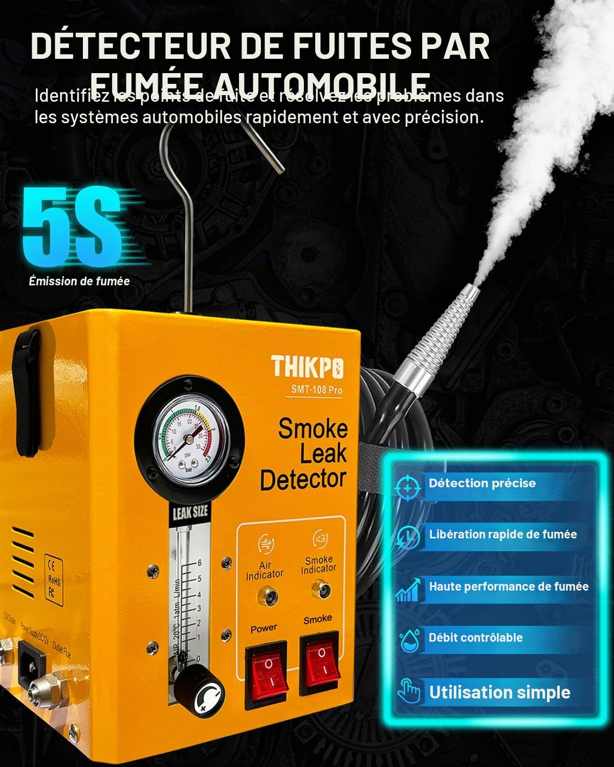 EVAP Machine à fumée de Voiture 12 V, détecteur de Fuite avec indicateur de Pression, débitmètre, Double Mode, détecteurs de Fuite de Carburant pour Motos, motoneiges, ATV, camions, Bateaux