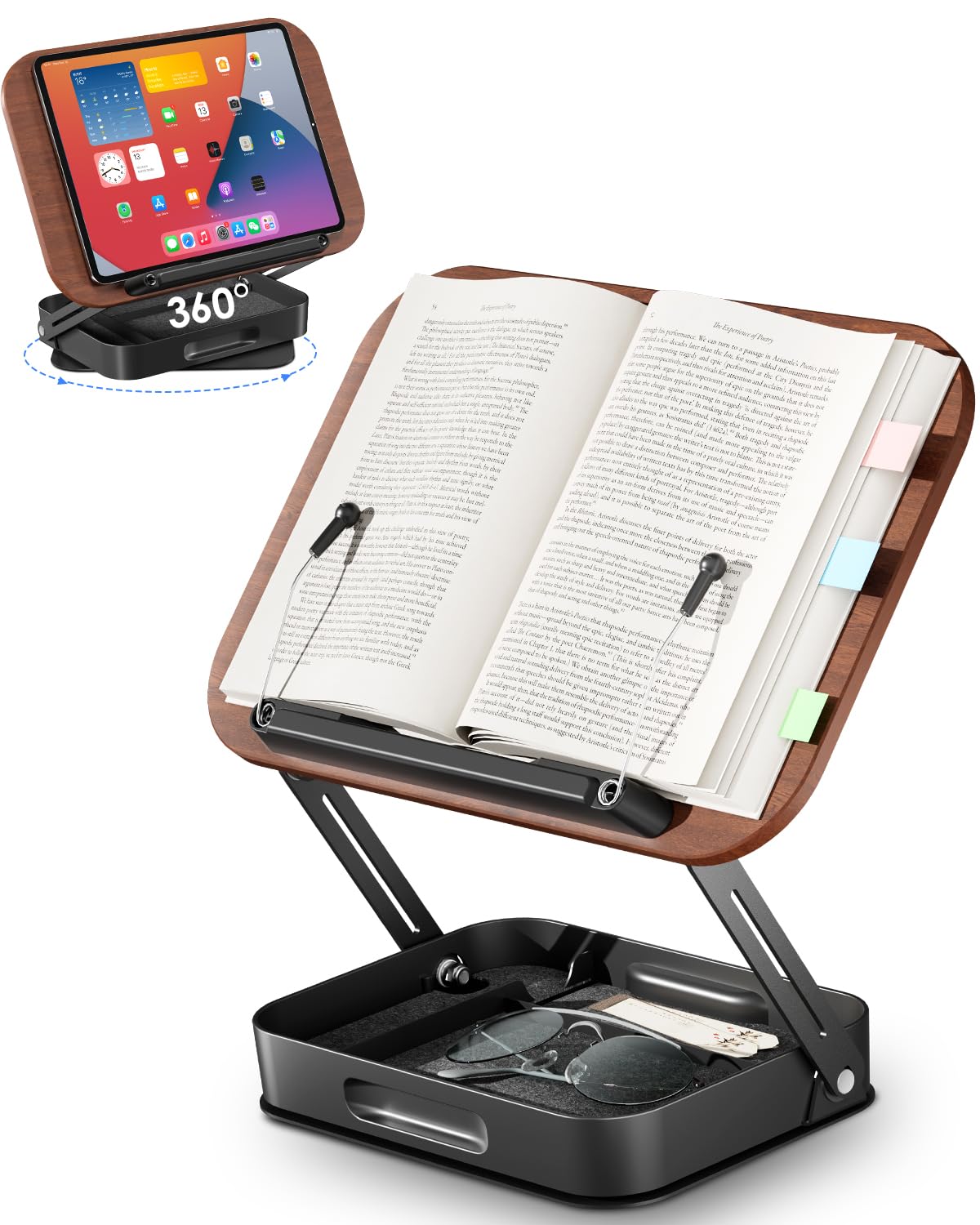 Viozon Book Stand, for Thick Book, Rotatable Wooden Book Display Stand with Height Adjustment, Foldable Metal Base, Built-in Small Organiser, Ideal for Study, Reading, for Tablet/Laptop