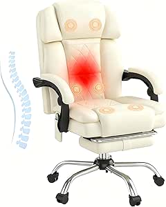 HOMREST 6-Point Massage Office Chair with Heat, Ergonomic Reclining Desk Chair with Footrest, PU Leather, Off White