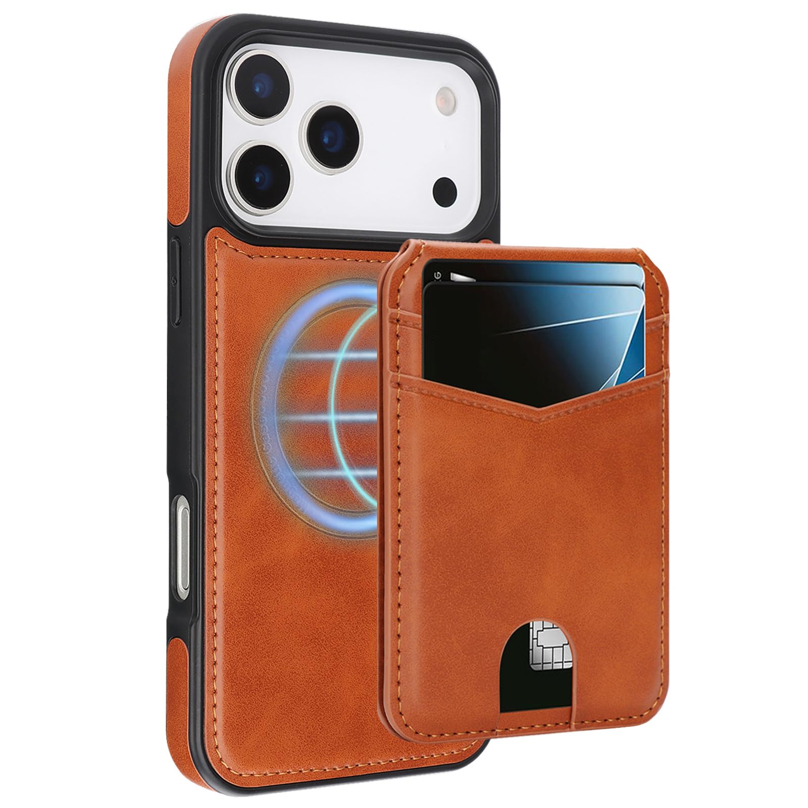 MFAOSHI Magnetic Case for iPhone 17 Pro Max/17 Pro/17 Air/17, Slim Business Detachable Card Holder Leather Cover with Kickstand Function Case,Orange,17 ProMax