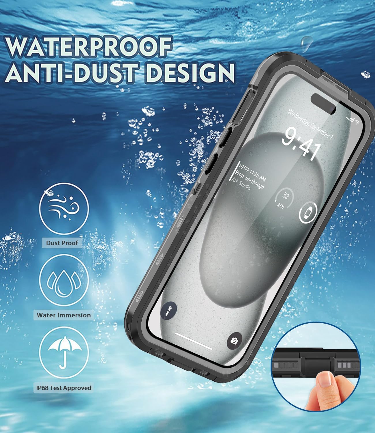 Magnetic for iPhone 15 Plus Case Waterproof, [Built-in Lens & Screen Protector] [Shockproof] [Dropproof] [Dustproof] Full Body Protection Durable Phone Case - Black
