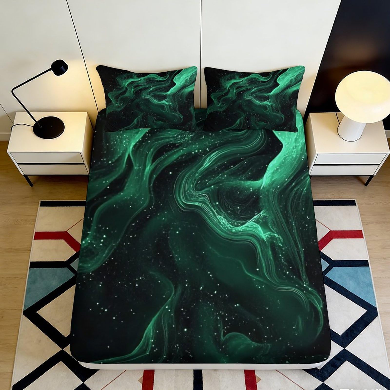 3D Printed Aurora Green Swirl Fitted Sheet Microfiber Soft Breathable Nebula Mattress Cover for Bedroom Dorm Decor 90x200x25cm
