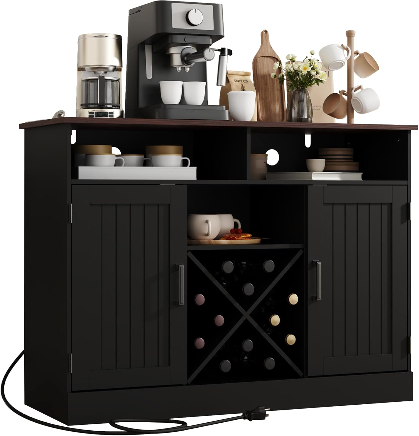 Farmhouse 42.5" Buffet Cabinet with Prower Outlets, Large Sideboard Storage Cabinet with Wine Rack. Wooden Coffee Bar Cabinet for Kitchen, Black