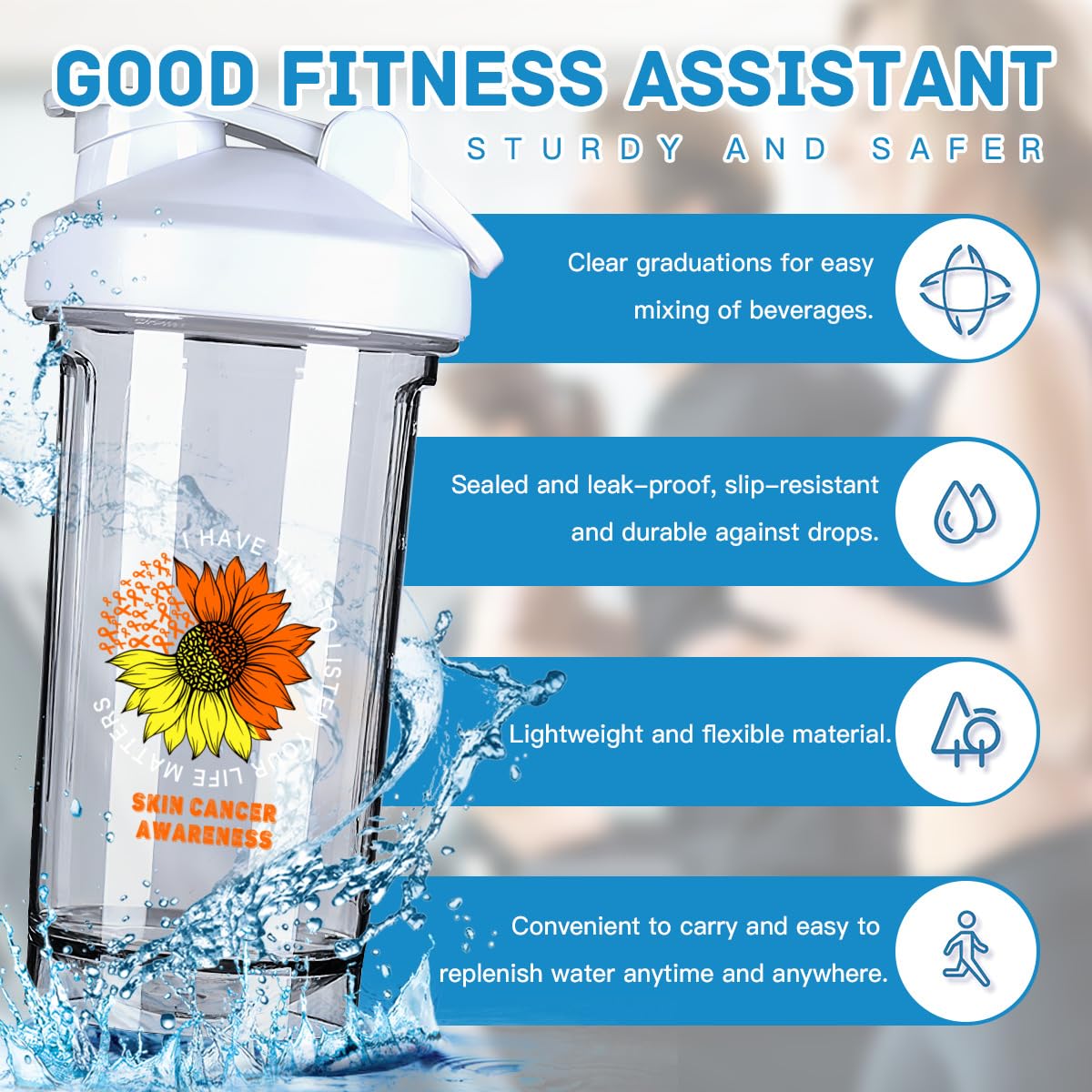 I Have Time To Listen Your Life Matters Skin Cancer Awareness 18 Ounce Shaker Bottle Drink Mixer Leak-proof Pre Workout Protein Shakes Meal Replacement Shakes Bottles 500ML/18 Oz White