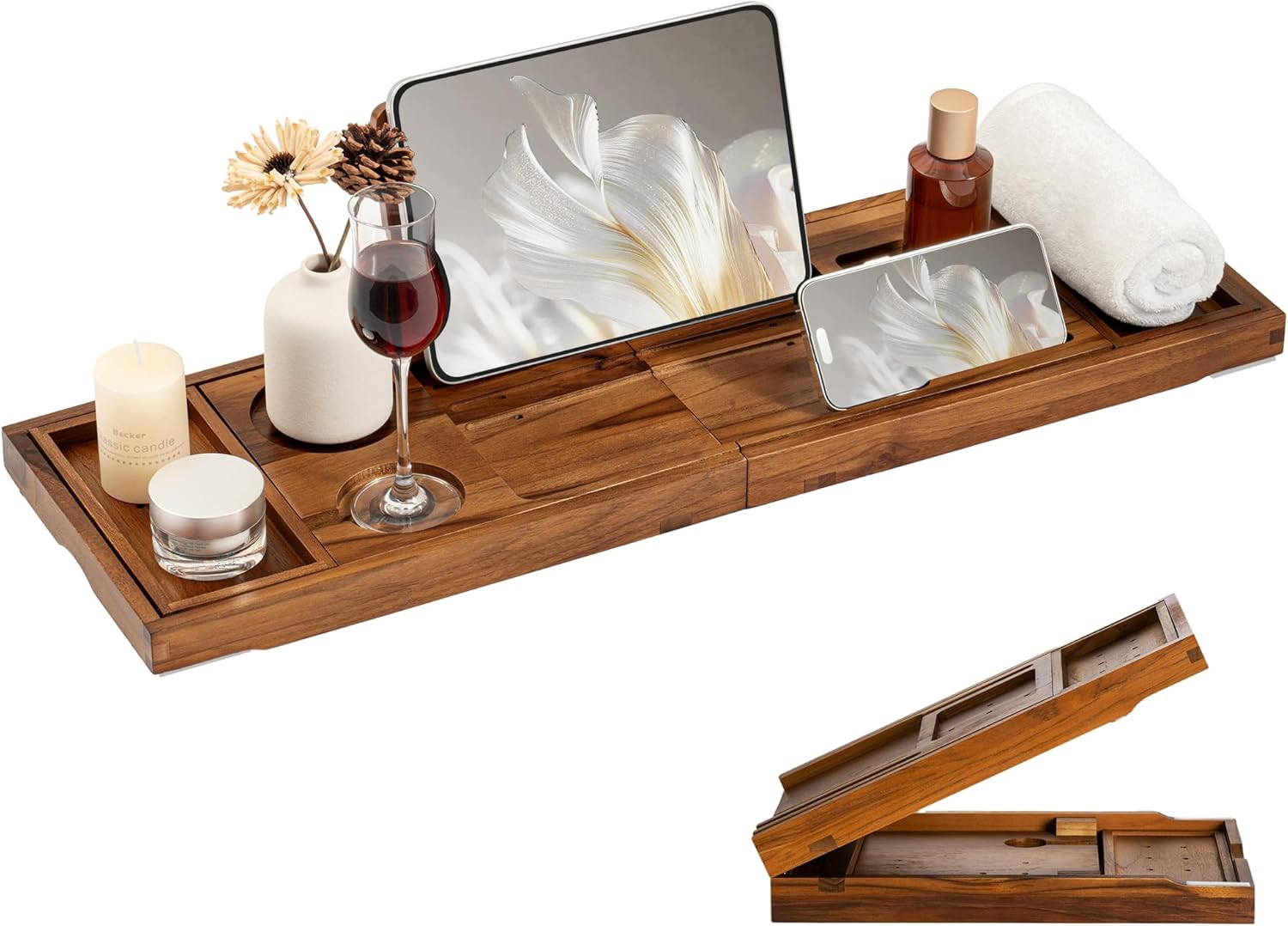 Fun Memories Teak Bathtub Tray for Tub – Adjustable Solid Wood Bath Caddy with Wine Glass Holder, Phone Dock & Book Stand – Bath Tub Tray Wood – Light Walnut Finish