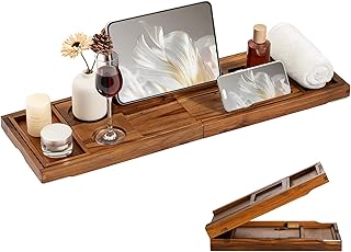 Teak Bathtub Tray for Tub, Expandable Bath Tray 28–40in, Foldable Bathtub Caddy with Wine Glass Holder, Phone & Book Stand, Wooden Bath Tray Organizer, Luxury Bathroom Accessories Gift - Light Walnut