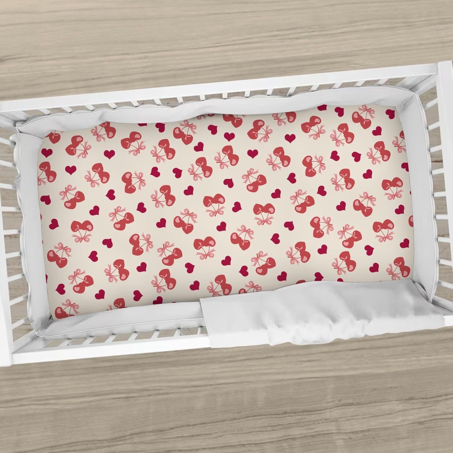 Valentine's Day Cherry Baby Boys Girls Crib Sheets Pink Cherry Bows Love Heart Toddler Bed Sheets Valentine Fruits Fitted Crib Mattress Cover for Standard Crib Mattresses 52''x28''