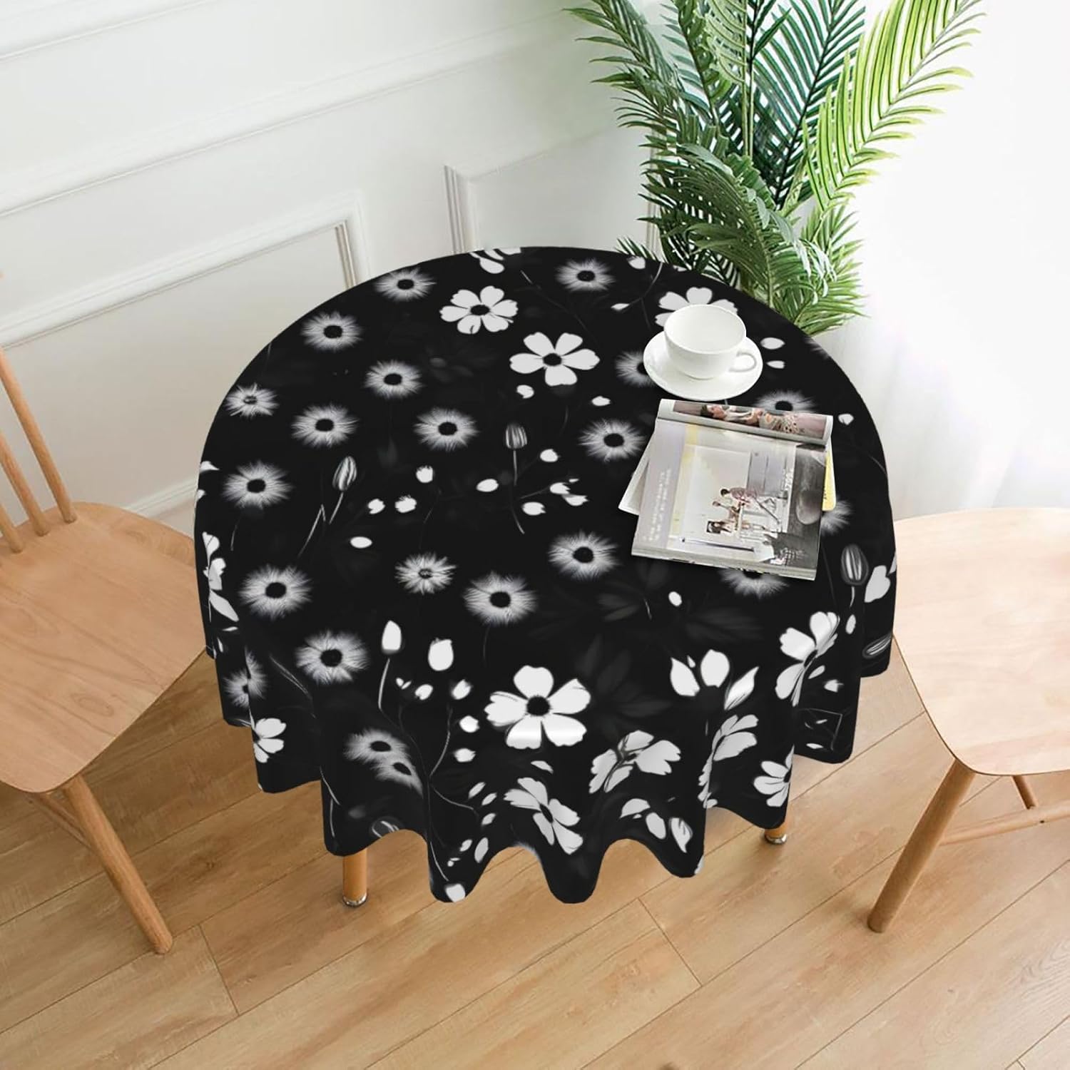 Black and White Floral Print Print Wrinkle Free Dining Table Cover for Birthday Party Farmhouse Tablecloths Up to 60 x 60 Inches