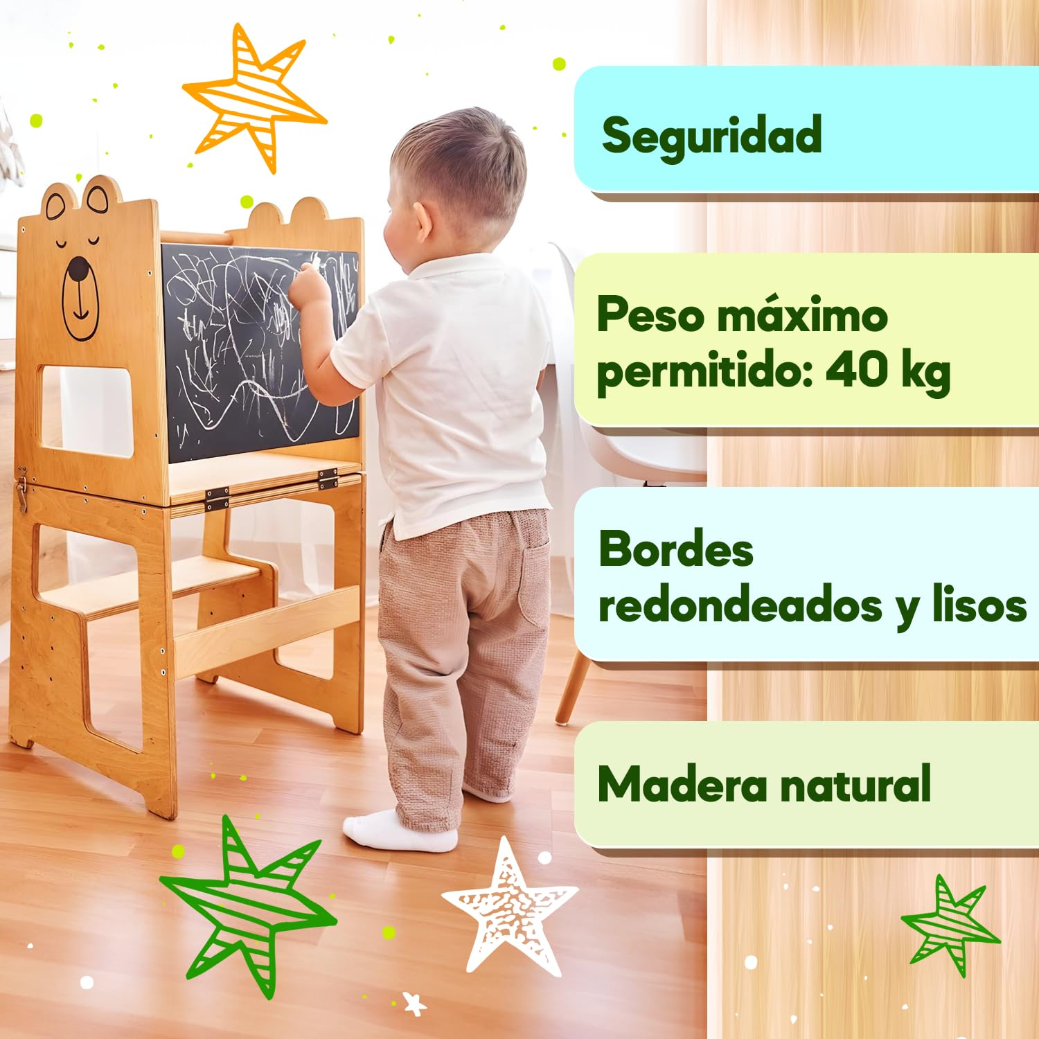 KAUZA Torre de Aprendizaje Montessori Plegable para Niños – Ajustable en Altura, Transformable en Mesa y Silla, Ideal para la Cocina, Juegos y Actividades, Seguridad Garantizada, Madera Natural