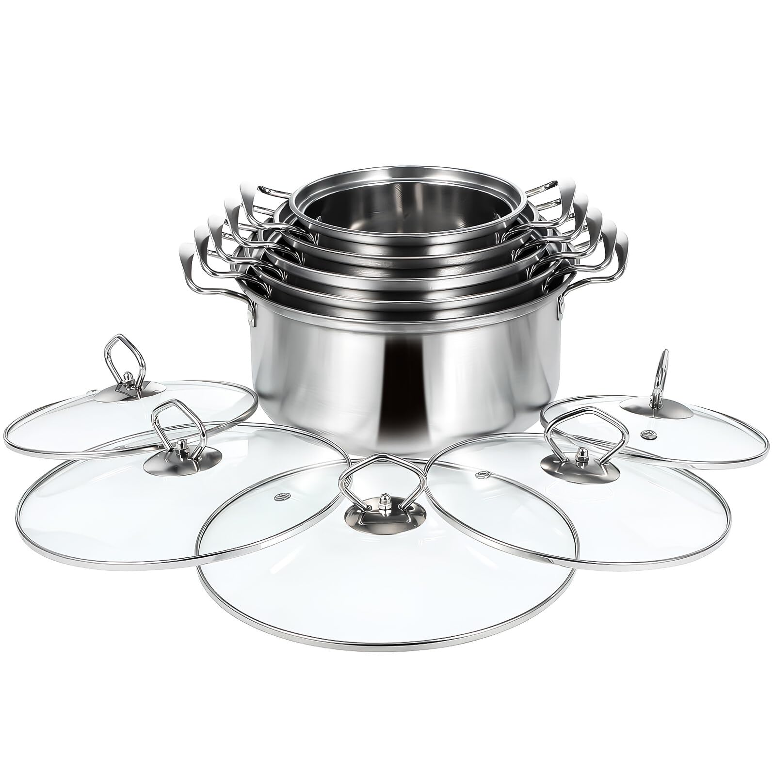 Toyvian Set di Pentole Stockpots 5 Set in Acciaio Inox Argento | Coperchi in Vetro, Doppie Maniglie, Uso Versatile, Struttura Durevole, Kit Completo da Cucina