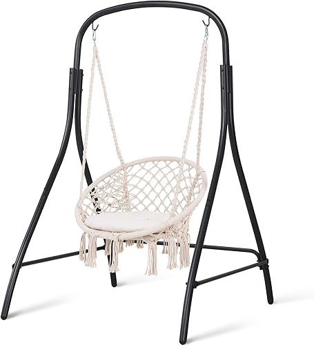 SUNCREAT Hamaca de interior con soporte, silla colgante al aire libre con soporte, capacidad de 400 libras, color beige