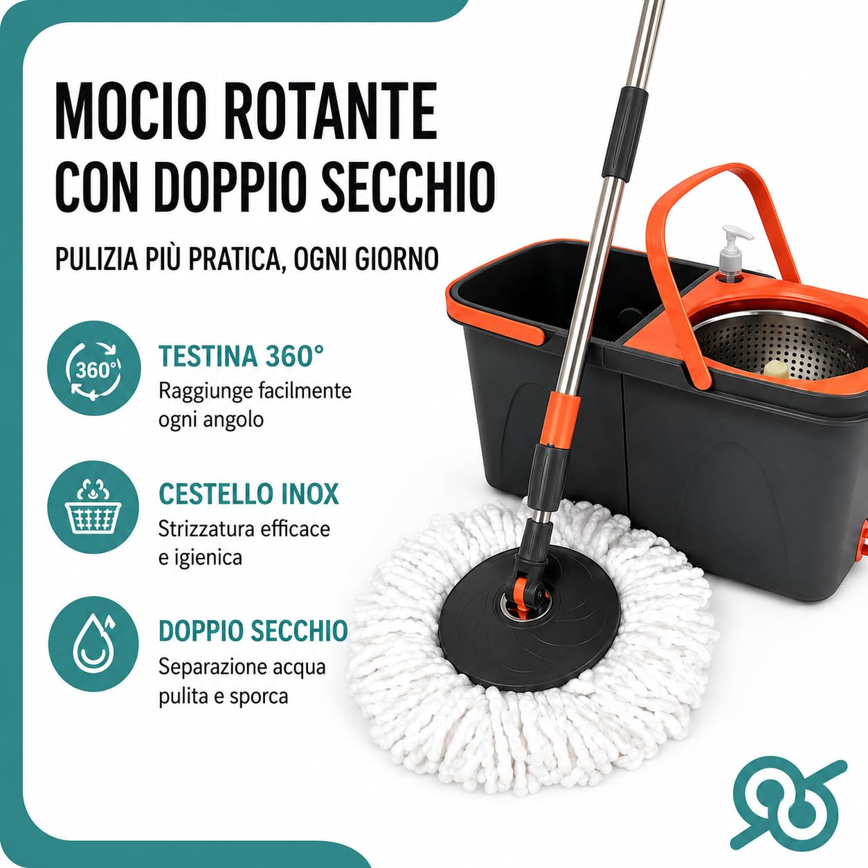 Tempo DI SALDI Juego de fregona giratoria con Doble Cubo, Cesta Inoxidable y 2 paños de Microfibra