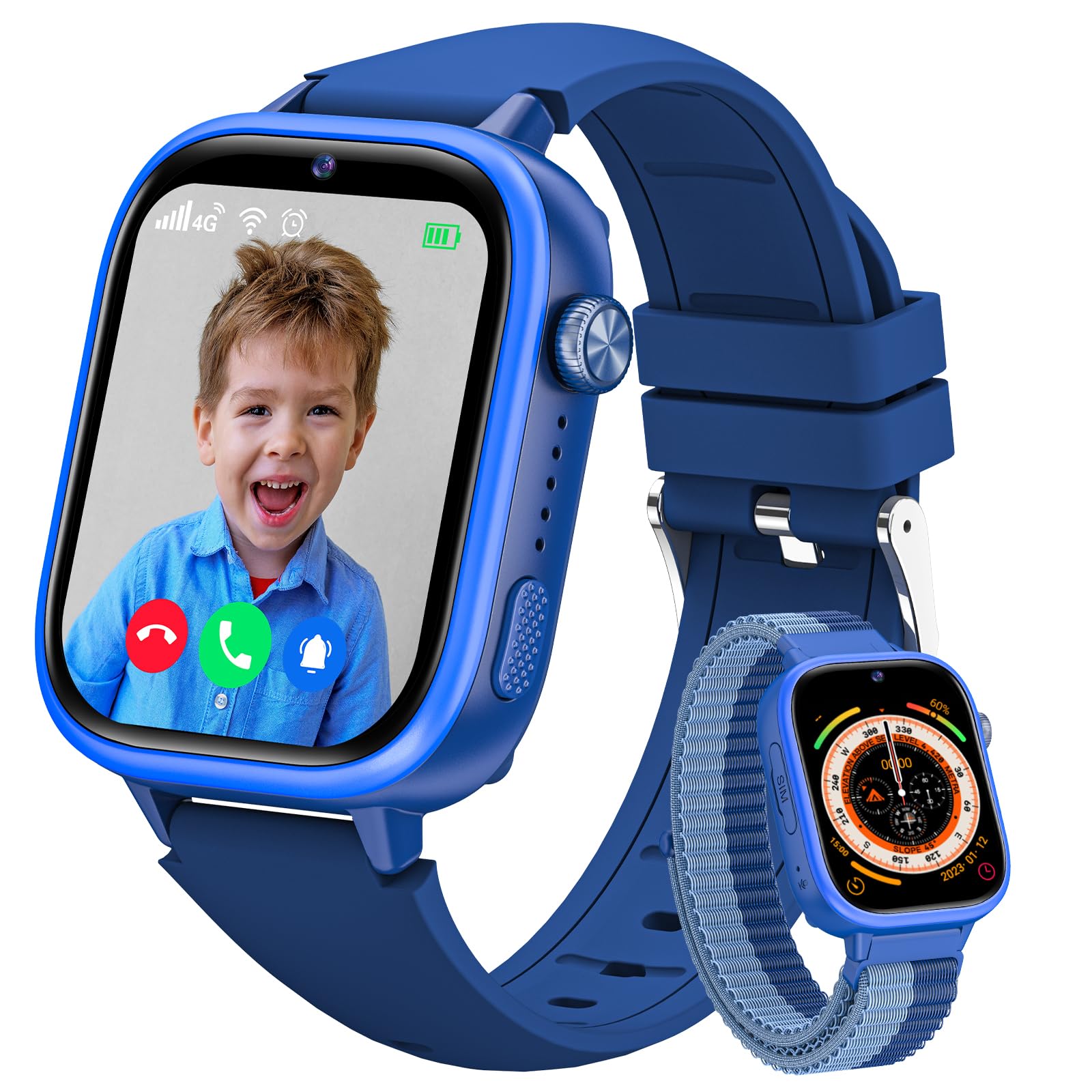 Minilandia 4G Smartwatch Bambini, Orologio Telefono Bambini con Videochiamate/GPS/SOS/Chat Vocale, Modalità Scuola, Sveglia, Contapassi, IP68 Impermeabile Smart Watch per Ragazzi Ragazze, Regalo Blu