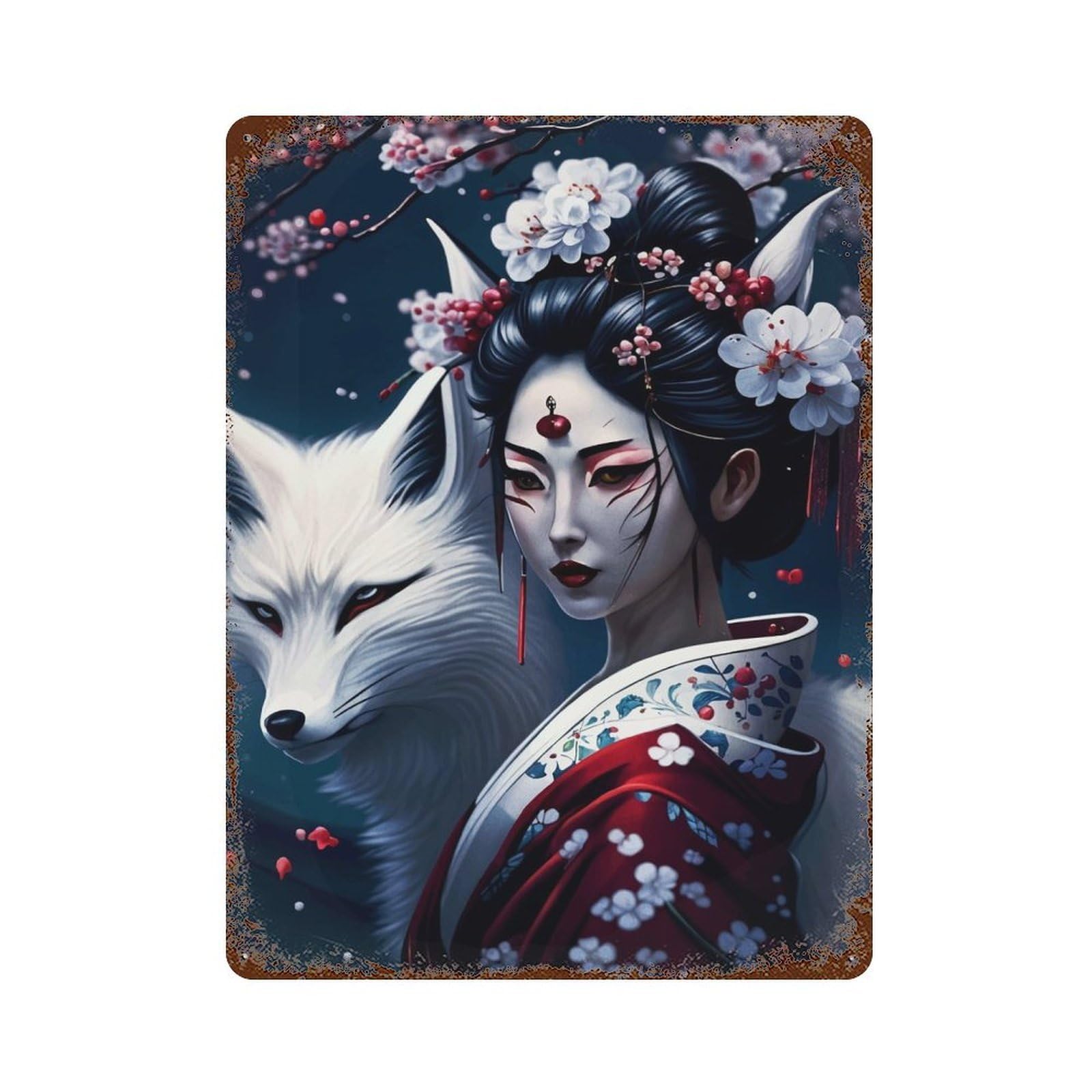 Geisha Fox Cherry Japan Distressed Metal Wall Sign 15.7"x11.8", Ideal for Garage, Bar And Workshop Decor