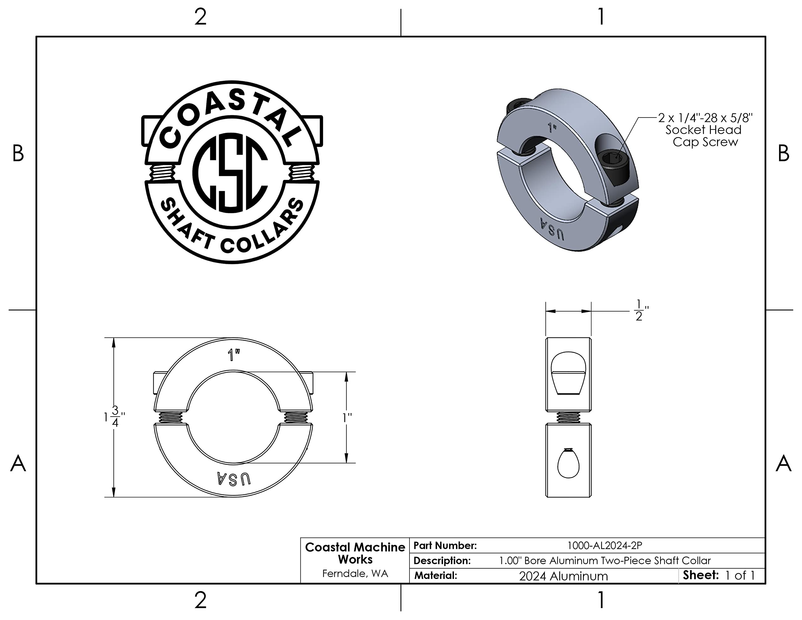 Diámetro del orificio de 1 pulgada - Collar de eje de dos piezas de sujeción - Aluminio 2024 (paquete de 2)