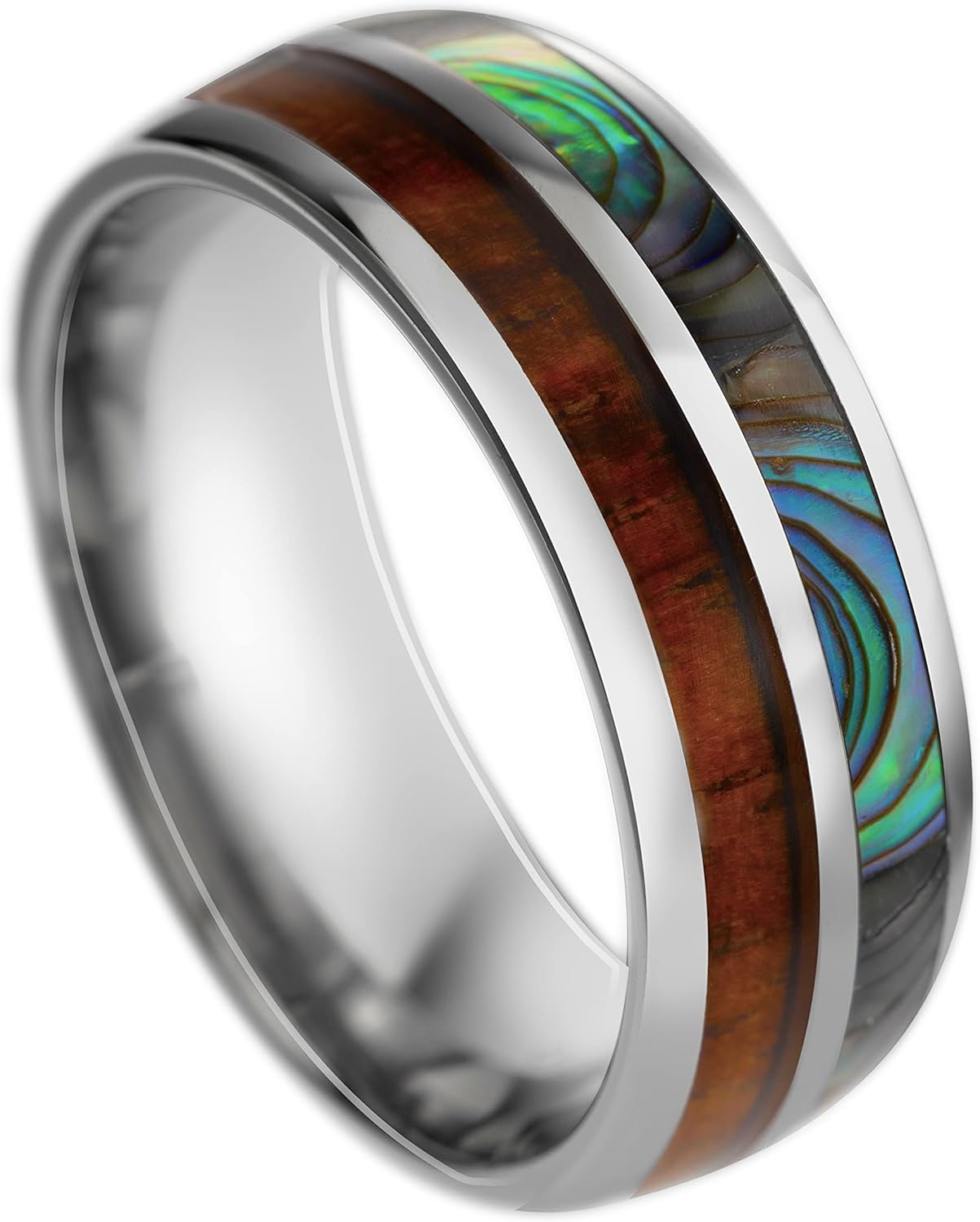 8mm Tungsten Carbide Hawaiian Koa Wood Tree and Abalone Shell Inlay Mauka to Makai Comfort Fit Ring Engagement Wedding Band Dome Style Weighted High Polished with Gift Box