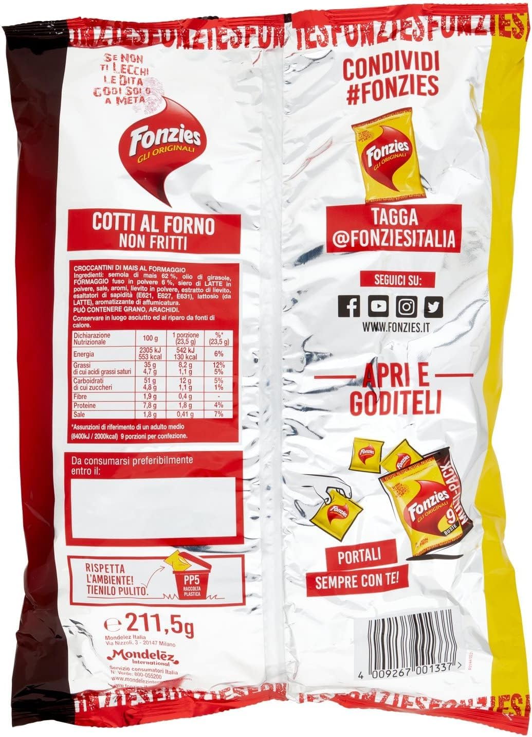 Fonzies Gli Originali Croccantini di Mais al Formaggio Cotti al Forno Multipack 9 Buste 211g