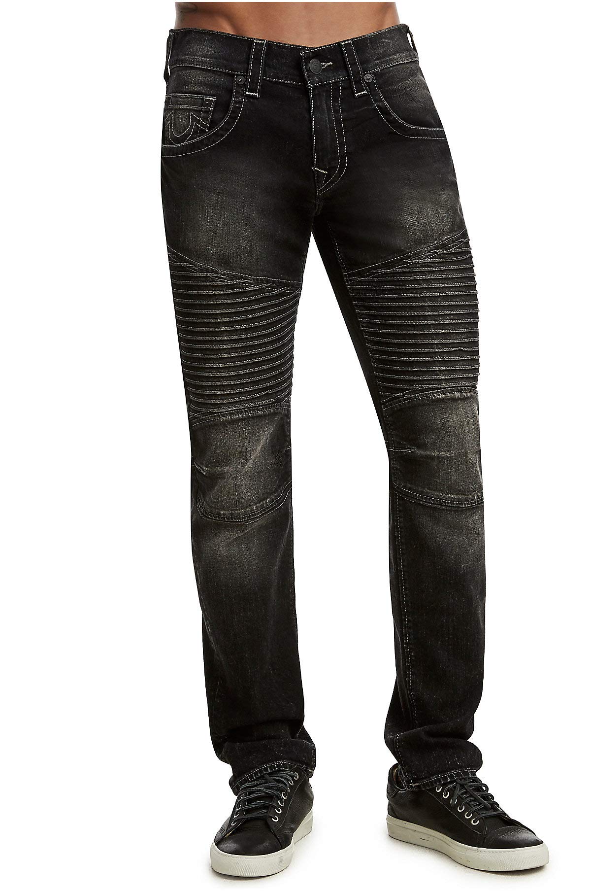 True Religion Men's Slim Fit Moto Stretch Jeans in Black Loose Pavement
