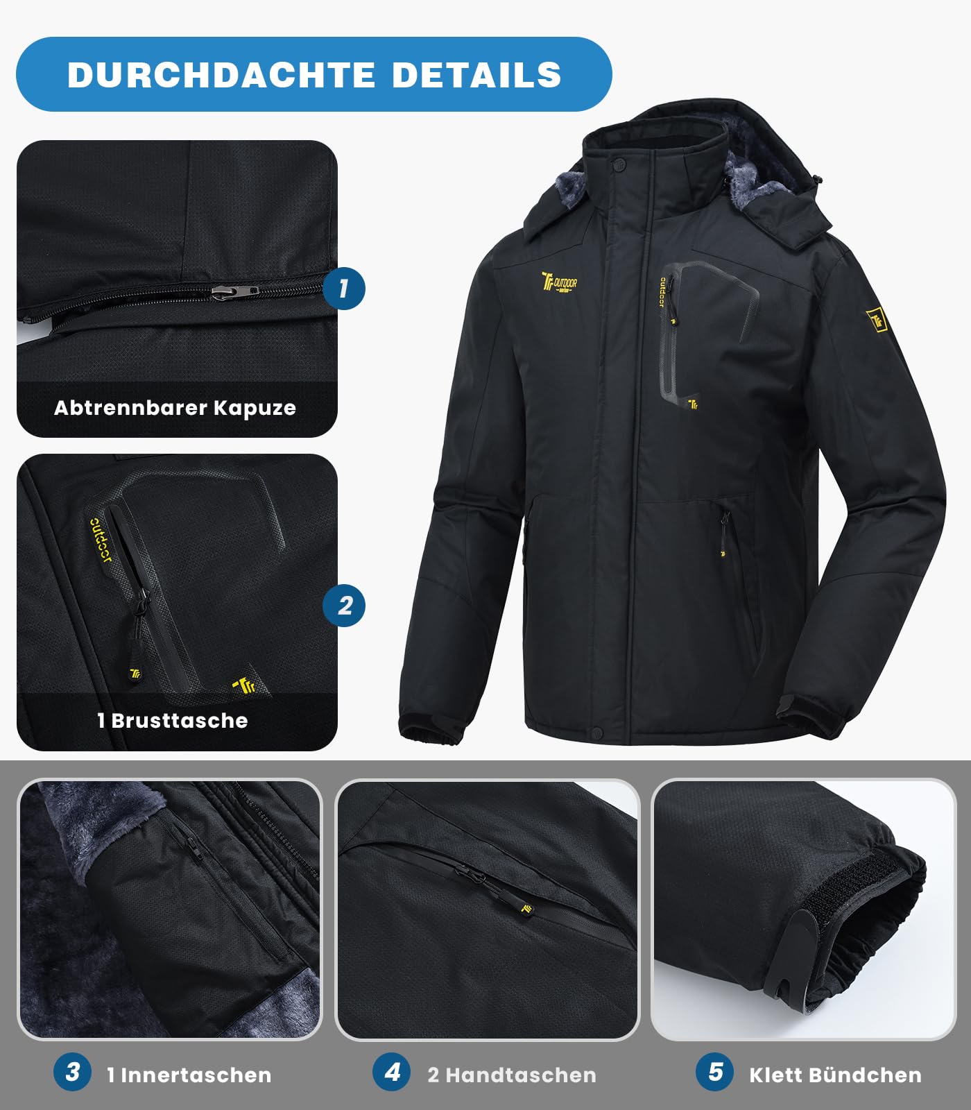 Rdruko Giacca da sci da uomo, calda, foderata, ispessita, impermeabile, da snowboard, traspirante, con cappuccio rimovibile