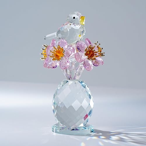 Crystal Bird Flower Vase Figurine 4.7" - Home Office Decor Gift for Women | Hand-faceted K9 crystal, Forget-Me-Not Keepsake & Paperweight, Ideal Gift for Anniversary Birthday Christmas Mothers Day