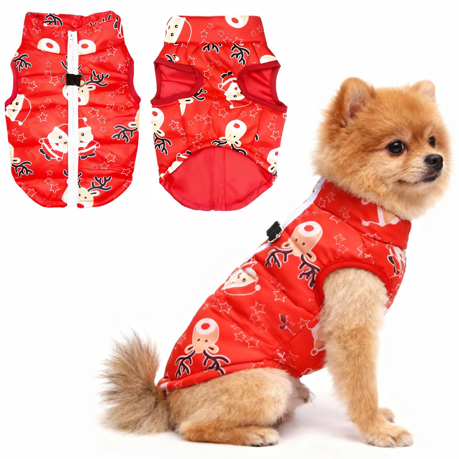 Idepet Pet Dog Cat Coat with Leash Anchor Color Patchwork Padded Puppy Vest Jacket Teddy Chihuahua Costumes Pug Cloth XS S M L(Small,Red-Santa&Reindeer)