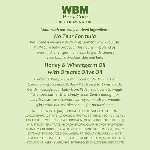 Miniatura 10 de WBM Care Natural Baby Body Wash con miel, germen de trigo y aceite de oliva orgánico, nutre la piel del bebé, 10 onzas