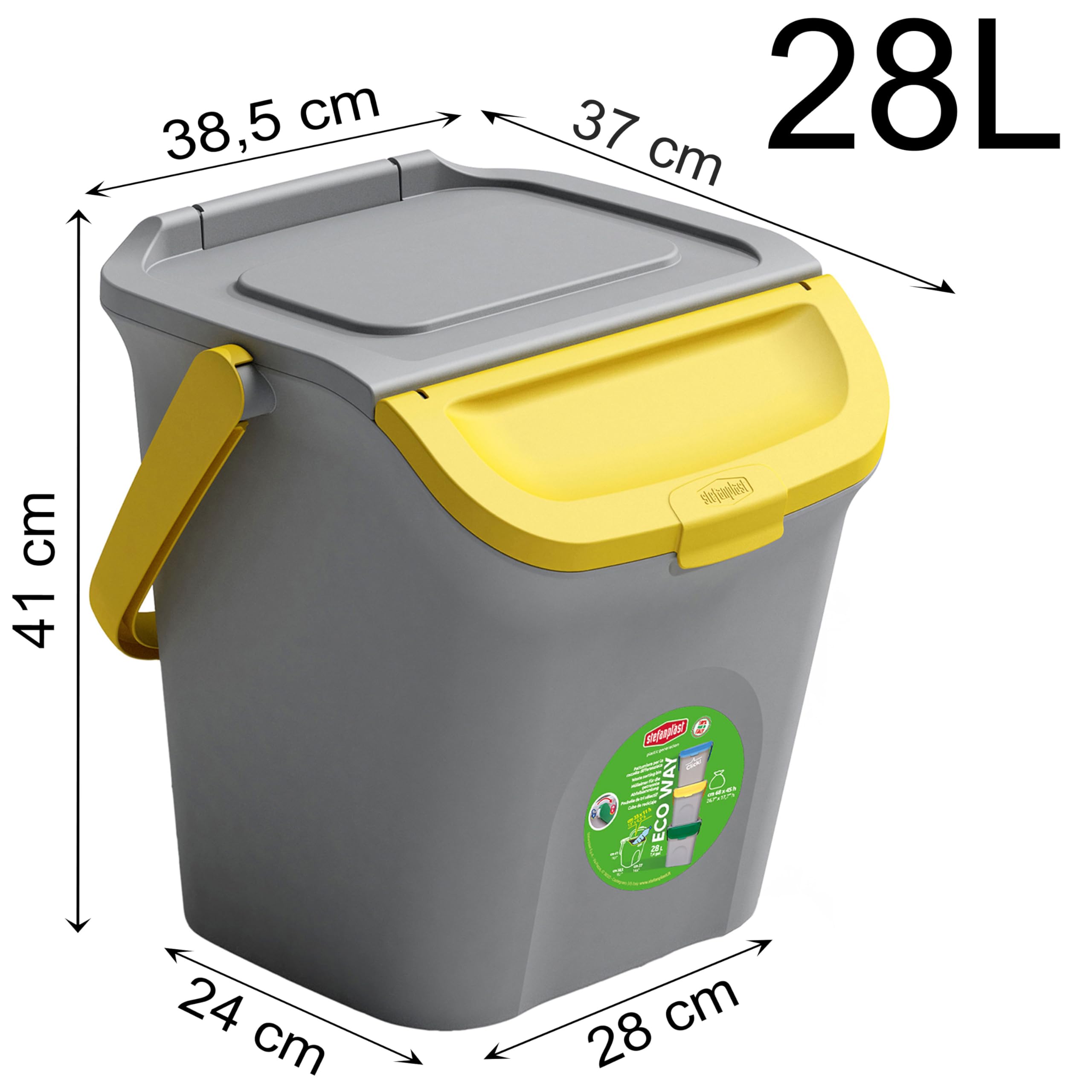 3x Stapelbarer Müllsortierer 28L Grau Faltdeckel GELB GRÜN BLAU 39x37x41cm
