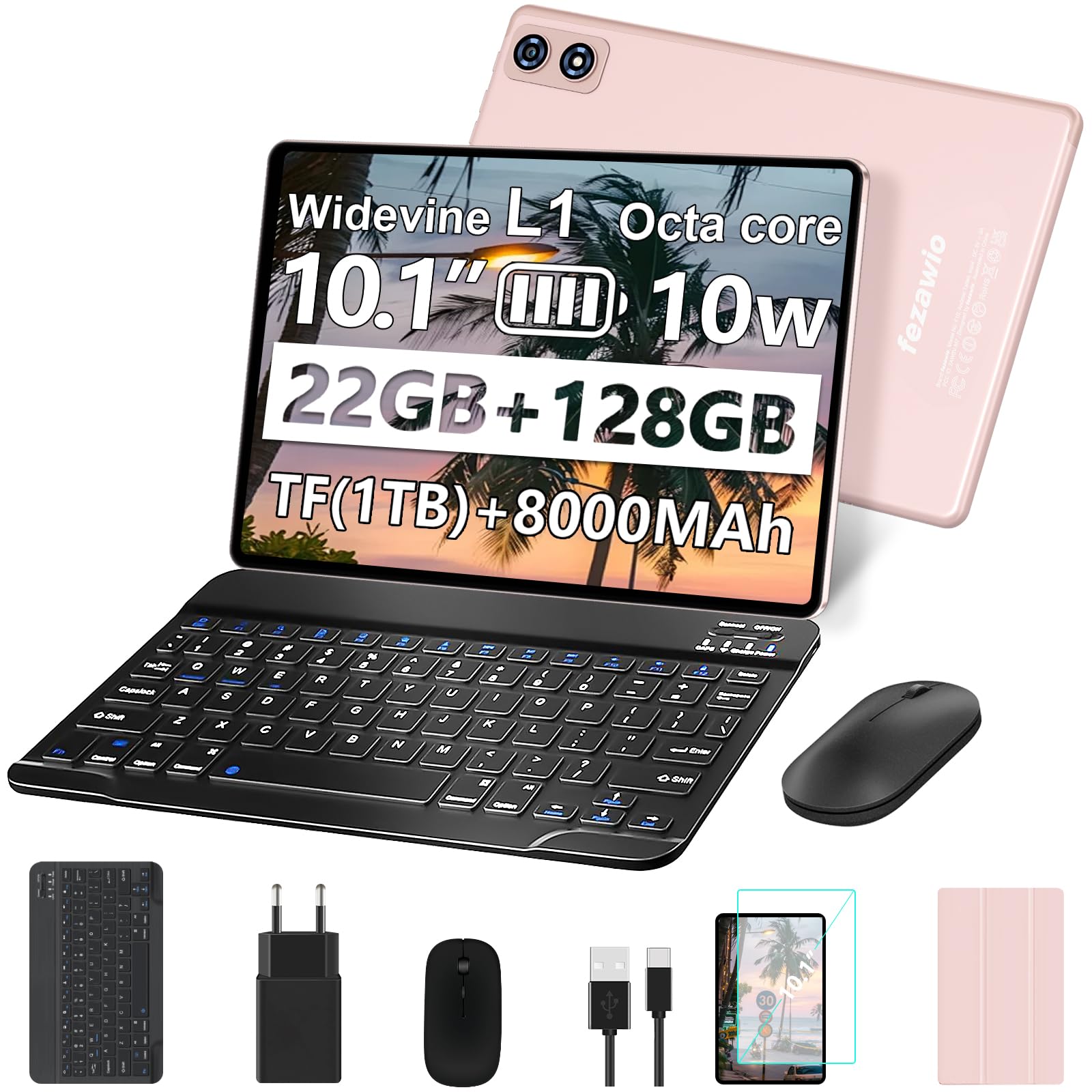 Tablet Android 10 pollici, 22 GB RAM + 128 GB ROM, Widevine L1, oro rosa | con tastiera mouse, 8000 mAh, Octa-Core, 5G WiFi, 1 TB di memoria estesa, 5MP+8MP