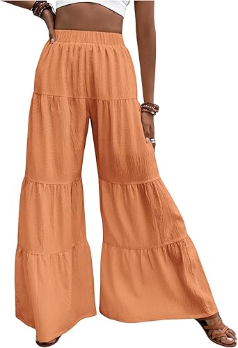 Floerns Women's Elastic High Waist Ruffle Wide Leg Pants Loose Beach Palazzo Pan